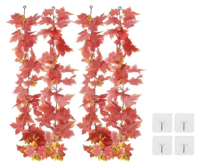 Productafbeelding van Herfstguirlande met esdoornbladeren, 2 stuks, 175 cm lang, rood, zijde/kunststof
