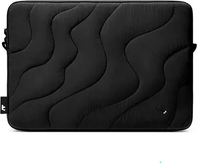 A black laptop sleeve with a wavy quilted pattern.