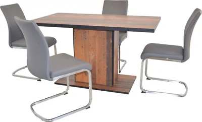 Produktbild von Essgruppe Tischgruppe 5-teilig, Säulen-Esstisch Oldwood schwarz/Stühle grau