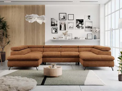Produktbild von Ecksofa, Universelles, Schlaffunktion, Bettkasten, U-förmig, einstellbare Kopfstützen, Bettsofa - PETER U - Struktur - Orange