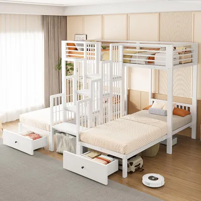 Zdjęcie produktu dla Łóżko piętrowe 90x200 cm z schodami, łóżko piętrowe z barierkami ochronnymi i konstrukcją stalową, łóżko dziecięce z szufladami, białe, wykonane z drewna i metalu
