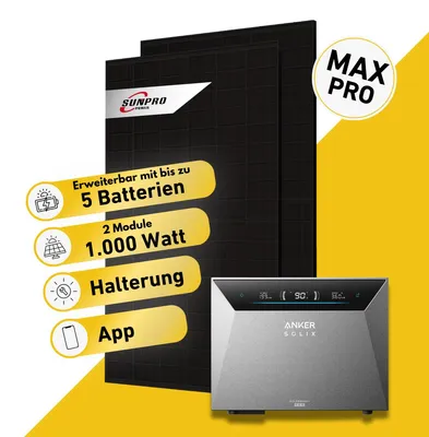 Produktbild von Balkonstrom Balkonkraftwerk 1000W Solaranlage mit Speicher | Fassadenhalterung 15-30 Grad | 2x Solarmodul Bifazial | Anker Solix 4 Pro | Kabel 3m