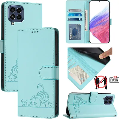 Produktbild von Leder Hülle für Samsung Galaxy M53 5G Süße Katze Flip Case Brieftasche Schutzhülle mit Standfunktion hellgrün