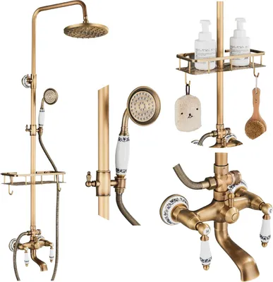 Obrázek produktu pro Sprchový systém Retro s dešťovou sprchou a odkládací plochou, sada sprchové baterie pro montáž na zeď z mosazi s ruční sprchou, sprchovou tyčí a keramickým ventilem
