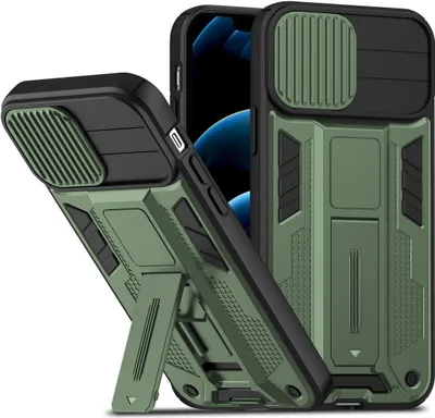 Two dark green iPhone cases are shown, one in the foreground and one in the background. The foreground case is angled and has a kickstand extended.