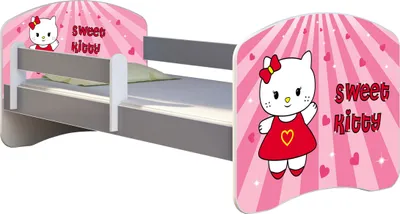 Image de ACMA lit d'adolescent lit d'enfant lit junior set complet avec matelas sommier à lattes et protection antichute gris 15 Sweet Kitty 140x70