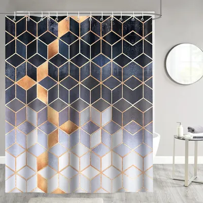 Produktbild von Duschvorhang 180 x 180 cm, graues Marmormuster, geometrisches Design, schimmelresistent, wasserdicht, aus Polyestergewebe, waschbar, inklusive 12 Duschvorhangringen