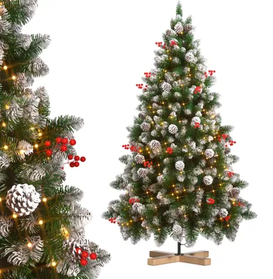 Obrázek produktu pro Umělá vánoční stromek LZQ, výška 225 cm, s dřevěnou podstavou. Vánoční stromek pro dekoraci, s LED osvětlením, umělým sněhem, šiškami a červenými bobulemi