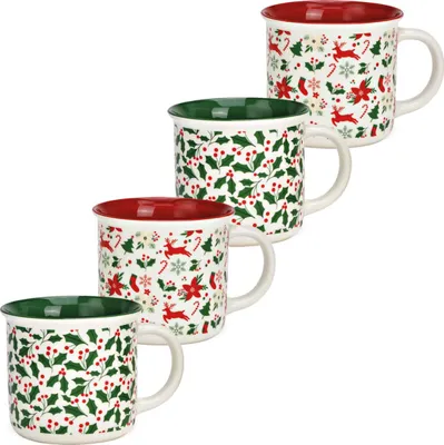 Produktbild von Große Email-Optik Weihnachts-Tassen 4er Set grün rot, 8 cm 400 ml