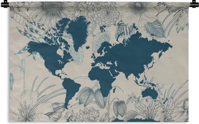 Produktbild von MuchoWow® Wandteppich Wandbehang Weltkarte - Blau - Blumen 60x40 cm Tapisserie Dekoration Wandtuch - Wanddekorationen