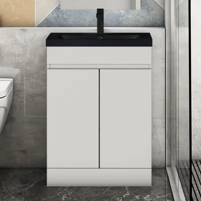 Produktbild von Badmöbel set 60cm Weiß Matt Badezimmermöbel Unterschrank mit Schwarz Mineralguss Waschtisch,Badschrank mit 2 Türen,Selbstmontierter Unterschrank,Standschrank