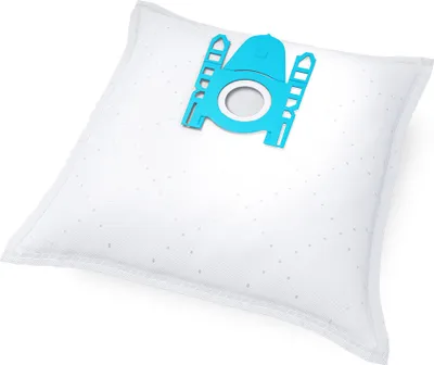 A white vacuum cleaner dust bag with a blue plastic fitting.