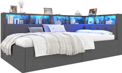 Produktbild von Merax Tagesbett Schlafsofa 90x200cm, mit LED, USB, Typ-C, Hydraulischer Stauraum, Staufächer, Daybett, Kinderbett, Polsterbett, Leinen, Grau