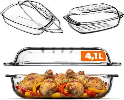 Image de Casserole en verre avec couvercle, résistante à la chaleur - Plat à lasagnes résistant à la chaleur - Casserole pour ragoût de légumes - 4,1 litres