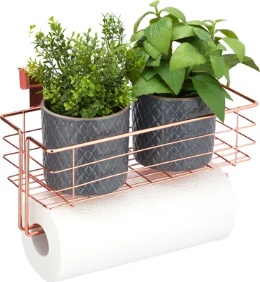 Produktbild von Relaxdays Einhängekorb mit Küchenrollenhalter, Aufbewahrung, Küche & Badezimmer, Drahtkorb HBT: 18 x 31 x 17 cm, kupfer