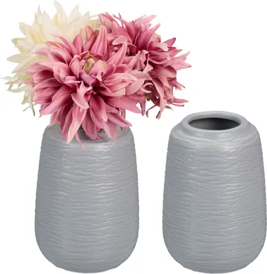 Image de Lot de vases Relaxdays, 2 vases à fleurs, H x P : 15 x 10 cm, pour fleurs fraîches et séchées, vases décoratifs en céramique, décoration de table, gris