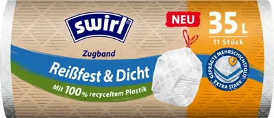A roll of trash bags with a demonstration of one bag tied.