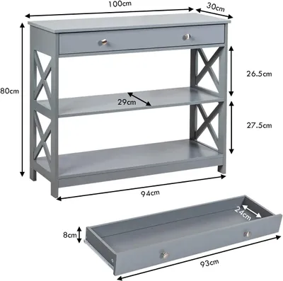 A grey console table with three shelves and a drawer, shown with dimensions.