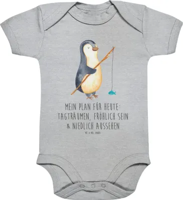 Produktbild von Mr. & Mrs. Panda Einteiler Pinguin Angler 1. - 3. Monat - Heather Grey - Geschenk, Motiviert, Pinguine, Strampler, overall baby, Angeln, Motivation, babykleidung body
