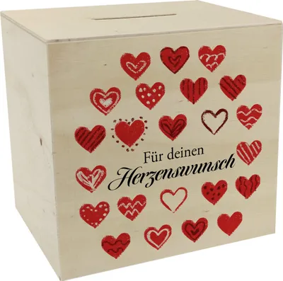 Produktbild von Für deinen Herzenswunsch Spardose aus Holz mit dekorativen Herzchen