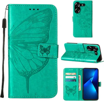 Produktbild von Lederhülle für Tecno Pova 5 LH7N Schmetterling Prägung Flip Ledertasche Kartenfächer Handyhülle mit Ständer Grün