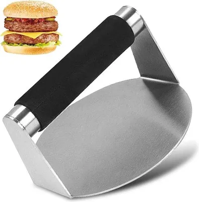 Image de Presse à hamburgers ronde en acier inoxydable de 14 cm avec poignée en silicone