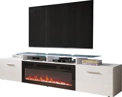 Produktbild von MIRJAN24 TV-Lowboard Rova mit Elektrischem Kamin, Stilvoll TV Schrank (Farbe: Weiß Matt / Weiß Hochglanz, mit weißer LED Beleuchtung)
