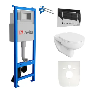 Produktbild von Lavita LAV 101 Vorwandelement für WC 40cm + Wand Hänge Tiefspül WC ARCTIC Weiß Spülrandlos + Bedienplatte LAV 200.1.2 Verchromt | Komplettset | Unterputz Spülkasten | Toilette Komplett Sett