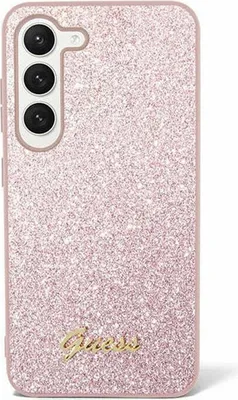 A pink glitter phone case with a gold Guess logo.