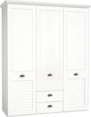 Produktbild von Furniture24 Kleiderschrank MARIDA MDNS936, 3 Türiger Drehtürenschrank, Schrank mit 5 Einlegeboden, 2 Kleiderstangen und 2 Schubkästen, Weiß