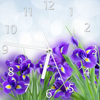 Produktbild von Wallario Design Wanduhr Abstrakte blaue Schwertlilien in Nahaufnahme aus Echtglas, Größe 20 x 20 cm