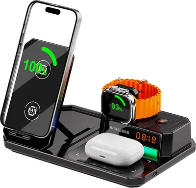 Produktbild von Multifunktionaler 6-in-1 Qi Wireless Charger – Bluetooth Lautsprecher, LED Display, Handy & Smartwatch Ladestation, Tischdeko