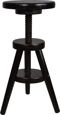 A dark brown wooden stool with a screw mechanism for height adjustment.