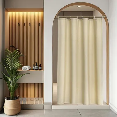 Produktbild von Strukturierter beigefarbener Duschvorhang aus Leinen, 120 x 180 cm, schweres Textilgewebe, wasserdicht, Badezimmervorhang,  schimmelresistent, waschbar, mit 8 Ringen.