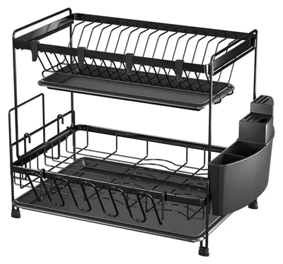 Immagine prodotto di Scolapiatti - Scolapiatti a 2 livelli con vaschetta raccogligocce - Portabicchieri - Portatavolo da cucina - Dimensioni 43×29×36 cm - Capacità di carico 20 kg - Nero