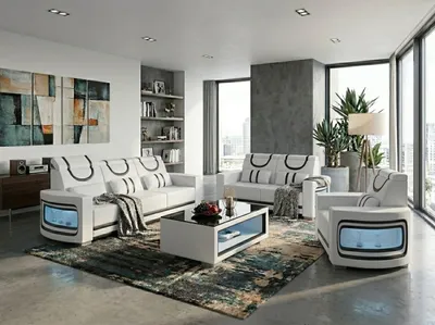 Zdjęcie produktu dla Komplet wypoczynkowy: sofa 3-osobowa, sofa 2-osobowa, fotel. Kolor: pomarańczowy i biały. Design do salonu. *