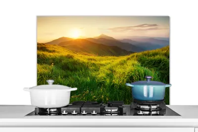 Obrázok produktu pre MuchoWow® Splashback Kuchyňa - Kuchynský backsplash - Ochrana steny pre sporák a drez Tráva - Kopce - Slnko - Príroda - Krajina 90x60cm Alu-Dibond