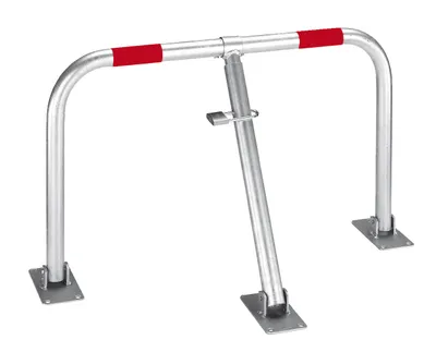 Produktbild von Alberts Parkplatzbügel Friedlin | zum Aufschrauben, umlegbar | feuerverzinkt, mit roten Ringen | 440 x 750 mm