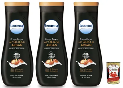 Produktbild von Leocrema, Crema Corpo Arganöl, Reichhaltig und samtig, feuchtigkeitsspendende Körpercreme, body cream, 3x 400ml + Italian Gourmet polpa 400g