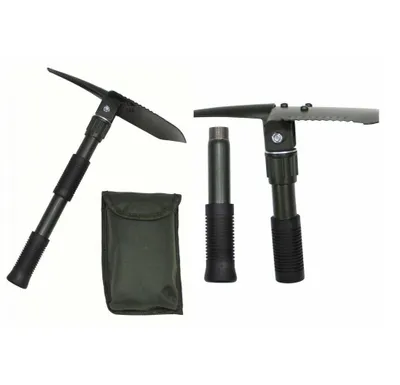 A disassembled multi-tool set including a pickaxe, shovel head, and handle, along with a carrying pouch, laid out against a white background.