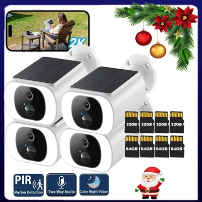 Obrázek produktu pro 2K dohledová kamera Venkovní solární kamera Venkovní barevné noční vidění, obousměrný zvuk, IP65 32 a 64 GB