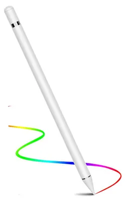 A white stylus pen is shown against a white background, with a colorful line drawn by the pen.