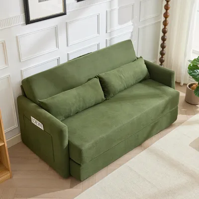 Immagine prodotto di okwish Divano Divano letto a 2 posti Divano modulare Funzione 2 in 1 Divano a terra Divano letto con cuscino lombare e 2 tasche portaoggetti Soggiorno Tessuto in velluto a coste Verde