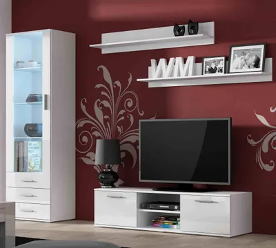 Produktbild von Furniture24 Wohnwand SOHO 7 mit Blauer LED Beleuchtung, Anbauwand, Wohnzimmerschrank, Schrankwand, Vitrine, Lowboard, Hängeregal Weiß/Weiß Hochglanz