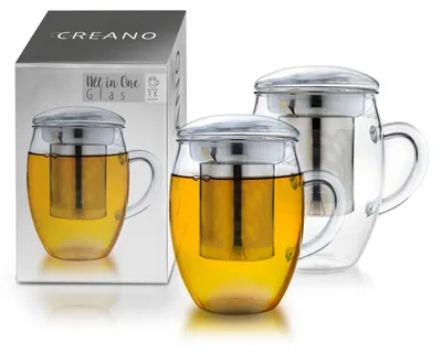 Produktbild von Creano Teeglas all in one 400ml 2er Set, Große Teetasse mit Edelstahlsieb und Deckel aus Glas, Teebereiter in attraktiver Geschenkverpackung (2x 400ml)