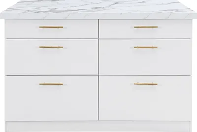 Produktbild von Kücheninsel mit 6 Schubladen aus MDF und Metall – Weißer Marmor-Look – ALEGRITA