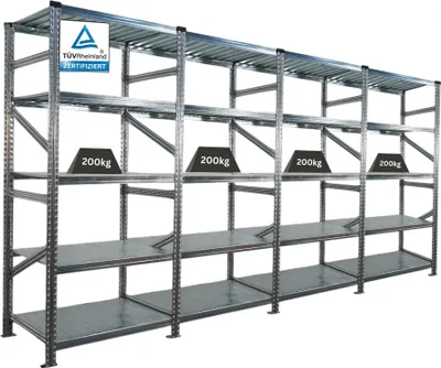 Produktbild von Fachbodenregal PROXIMO mit  Stecksystem | Komplettregal | HxBxT 200x360x70cm | 5 Ebenen | Fachlast 200 kg | Beidseitig nutzbar | Verzinkt
