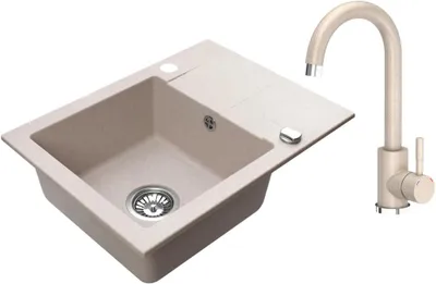 Produktbild von VBChome Granitspüle 59 x 44 cm Beige mit Armatur Einzelbecken Einbauspüle Reversibel Gesprenkelt Pflegeleichtes Spülbecken mit Siphon