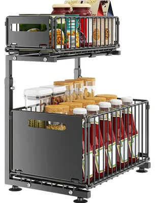 Zdjęcie produktu dla Półka pod umywalkę, metalowa, 2 półki, czarna, regulowana wysokość, wymiary: 38 x 26,5 x 41-48,5 cm
