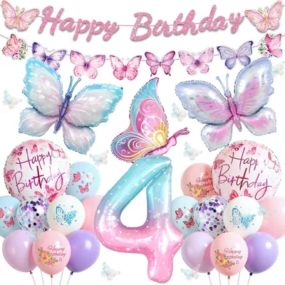 Produktbild von Geburtstagsdeko Set Schmetterling 4 Jahre Mädchen 46 Teile Luftballons Girlande Folienballon Rosa